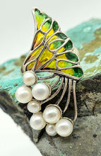 Load image into Gallery viewer, Art Nouveau Pearl and Enamel Statement Ring, Size 6.75, Sterling Silver, June Birthstone, Vintage Style