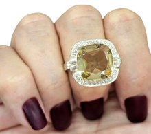 Load image into Gallery viewer, Halo Lemon Quartz &amp; Zircon Ring, Size 11, Cushion Square Facet, 8.5 carats, Sterling Silver, Mental Clarity, Confidence Gem - GemzAustralia 
