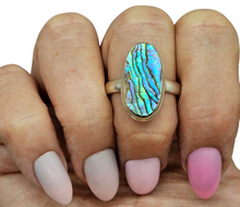 Load image into Gallery viewer, Statement Paua Shell Ring, Size 11, Sterling Silver, Long Oval Shape, Blue Green Abalone Shell, Prosperity Stone - GemzAustralia 
