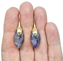 Load image into Gallery viewer, Blue Sapphire Earrings, Gold Plated Sterling Silver, September Birthstone, Marquise Checkerboard Faceted, Wisdom Stone - GemzAustralia 