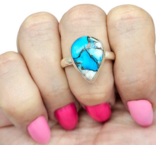 Load image into Gallery viewer, Ice Blue Dahlia Turquoise Ring, Size 10.75, Sterling Silver, Pear Shape, Copper Turquoise, Protection, Love Stone - GemzAustralia 