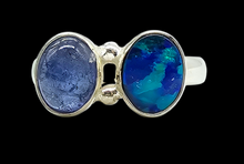 Load image into Gallery viewer, Australian Opal &amp; Blue Kyanite Ring, Size 8.5, Sterling Silver, Toi et Moi Design, Blue Green Opal - GemzAustralia 