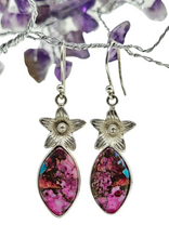 Load image into Gallery viewer, Pink Opal &amp; Oyster Turquoise Flower Earrings, Sterling Silver, Marquise Shaped, Love Stone, Copper Turquoise - GemzAustralia 