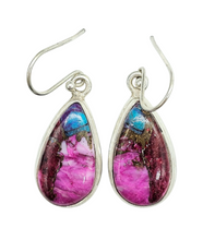 Load image into Gallery viewer, Oyster Turquoise &amp; Pink Opal Earrings, Sterling Silver, Pear Shaped, Hot Pink Gemstone, Spiny Oyster Shell, Courage Stone - GemzAustralia 