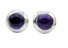 Load image into Gallery viewer, Purple Amethyst Studs, Sterling Silver, Round Cabochons, Solitaire studs, Bezel Set Earrings, February Birthstone - GemzAustralia 
