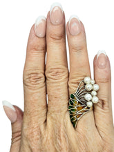 Load image into Gallery viewer, Art Nouveau Pearl and Enamel Statement Ring, Size 6.75, Sterling Silver, June Birthstone, Vintage Style