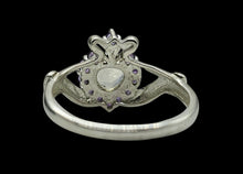 Load image into Gallery viewer, Rainbow Moonstone &amp; Amethyst Claddagh Ring, Size 7, Sterling Silver, Natural Gemstones, Symbol of Love, Friendship and Loyalty