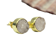 Load image into Gallery viewer, Raw Rose Quartz Studs, Gold Plated Sterling Silver, Round Shaped, Love Stone, Unconditional Love, Pink Gemstone - GemzAustralia 