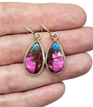 Load image into Gallery viewer, Oyster Turquoise &amp; Pink Opal Earrings, Sterling Silver, Pear Shaped, Hot Pink Gemstone, Spiny Oyster Shell, Courage Stone - GemzAustralia 