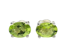 Load image into Gallery viewer, Peridot Stud Earrings, Sterling Silver, Oval Shaped, Prong Set, August Birthstone, Protection Gemstone - GemzAustralia 