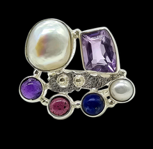 Load image into Gallery viewer, Handcrafted Statement Amethyst, Pearl, Garnet, Lapis Lazuli Ring, Size 7.5, Sterling Silver - GemzAustralia 
