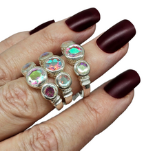 Load image into Gallery viewer, Rainbow Mystic Topaz Ring, Trilogy Ring, Sterling Silver, Round Shaped, Fire Topaz, Rainbow Topaz, Alaskan Ice, 3 Sizes - GemzAustralia 