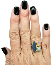 Load image into Gallery viewer, Australian Opal, Larimar &amp; African Opal Ring, Size 6, Sterling Silver, Three Stone Ring, Aura Gem, Psychic Gemstone, October Birthstone