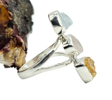 Load image into Gallery viewer, Raw Aquamarine, Rose Quartz &amp; Citrine Ring, Size 7, Sterling Silver, March and November Birthstones, Rough Gemstones, Three Stone Ring - GemzAustralia 