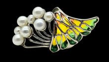 Load image into Gallery viewer, Art Nouveau Pearl and Enamel Statement Ring, Size 6.75, Sterling Silver, June Birthstone, Vintage Style