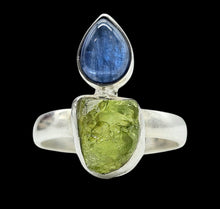 Load image into Gallery viewer, Blue Kyanite and Raw Peridot Ring, Size 9, Sterling Silver, Two Stone Ring, Visionary Gemstone, Loyalty Stone