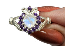 Load image into Gallery viewer, Rainbow Moonstone &amp; Amethyst Claddagh Ring, Size 7, Sterling Silver, Natural Gemstones, Symbol of Love, Friendship and Loyalty