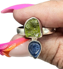 Load image into Gallery viewer, Blue Kyanite and Raw Peridot Ring, Size 9, Sterling Silver, Two Stone Ring, Visionary Gemstone, Loyalty Stone