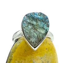 Load image into Gallery viewer, Rough Labradorite Ring, Size 9, Sterling Silver, Pear Shaped, Blue Green Labradorite, Deflects unwanted Energy - GemzAustralia 