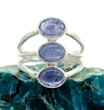Load image into Gallery viewer, Three Stone Tanzanite Ring, Size 8, Sterling Silver, Psychic Power Stone, Meditation Stone - GemzAustralia 