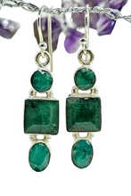 Load image into Gallery viewer, Green Emerald Earrings, May Birthstone, Three Stone Drop, Geometric Design, Inspiration Stone, Infinite Patience, Loyalty - GemzAustralia 