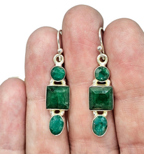 Load image into Gallery viewer, Green Emerald Earrings, May Birthstone, Three Stone Drop, Geometric Design, Inspiration Stone, Infinite Patience, Loyalty - GemzAustralia 