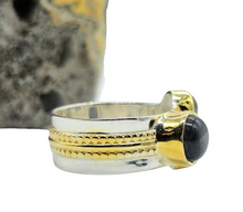 Load image into Gallery viewer, Three Stone Labradorite Ring, Size P 1/2, Blue Labradorite, Magic Stone, Protection Stone, Two Tone Ring, Wide Band - GemzAustralia 