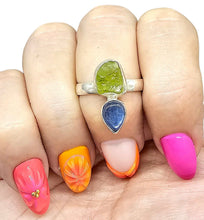 Load image into Gallery viewer, Blue Kyanite and Raw Peridot Ring, Size 9, Sterling Silver, Two Stone Ring, Visionary Gemstone, Loyalty Stone