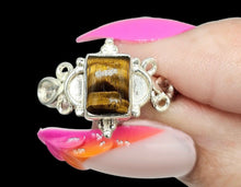 Load image into Gallery viewer, Ornate Tiger's Eye Ring, Size 8, Sterling Silver, Rectangle Shaped, Kundalini Awakening, Courage Gemstone, Protection Amulet, Leo Zodiac