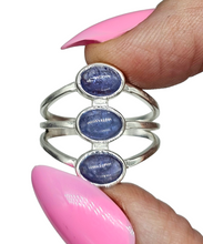 Load image into Gallery viewer, Three Stone Tanzanite Ring, Size 8, Sterling Silver, Psychic Power Stone, Meditation Stone - GemzAustralia 