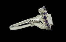Load image into Gallery viewer, Rainbow Moonstone &amp; Amethyst Claddagh Ring, Size 7, Sterling Silver, Natural Gemstones, Symbol of Love, Friendship and Loyalty