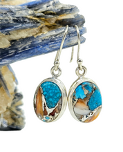 Load image into Gallery viewer, Oyster Turquoise Earrings, Oval Shaped, Sterling Silver, Orange Spiny Oyster Shell, Blue Turquoise, Copper Earrings, Hope &amp; Courage Stone - GemzAustralia 