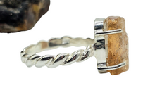 Load image into Gallery viewer, Rough Imperial Topaz Ring, Size 8, Sterling Silver, Raw Gemstone, Twisted Band, Rectangle Design, Manifestation Stone, Solar Plexus Chakra - GemzAustralia 