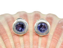 Load image into Gallery viewer, Iolite Studs, Water Sapphire, Round Faceted, Sterling Silver, Blue Violet Gemstone, Connects to Angels, Viking's Compass - GemzAustralia 