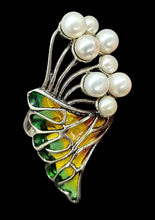 Load image into Gallery viewer, Art Nouveau Pearl and Enamel Statement Ring, Size 6.75, Sterling Silver, June Birthstone, Vintage Style