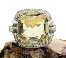 Load image into Gallery viewer, Halo Lemon Quartz &amp; Zircon Ring, Size 11, Cushion Square Facet, 8.5 carats, Sterling Silver, Mental Clarity, Confidence Gem - GemzAustralia 
