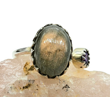 Load image into Gallery viewer, Sunset Peach Pink Labradorite &amp; Amethyst Ring, Size 8, Sterling Silver, Toi et Moi Ring, Prong set, Magic Stone, Protection Stone - GemzAustralia 