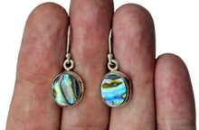 Load image into Gallery viewer, Paua Shell Earrings, Sterling Silver, Abalone Shell, Dangly Oval Drops, Prosperity, Peace, Good Luck &amp; Strength, New Zealand Paua Shell - GemzAustralia 