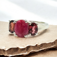 Load image into Gallery viewer, Ruby &amp; Garnet Three Stone Ring, Size 9, Sterling Silver, July and January Birthstones, Energy Stone - GemzAustralia 