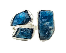Load image into Gallery viewer, Raw Blue Apatite Ring, Three Stone Ring, Size 9 1/2, Sterling Silver, Raw Gems, Neon Blue Apatite, Electric Blue Gemstone - GemzAustralia 