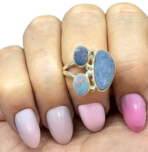 Load image into Gallery viewer, Australian Opal Ring with three Stones, October Birthstone, Size N, Sterling Silver, Aura Gem, Psychic Gem - GemzAustralia 