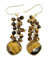 Load image into Gallery viewer, Tiger's Eye Earrings, Gold Plated Sterling Silver, Checkerboard Faceted, Beaded drops, Genuine Gemstones, Creativity Stone - GemzAustralia 