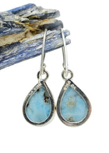 Load image into Gallery viewer, Teardrop Larimar Earrings, Blue &amp; White Stone, Dolphin Stone, Stone of Atlantis, Sterling Silver, Spiritual Stone, Deep Powers, Volcanic Gem