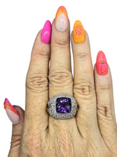 Load image into Gallery viewer, Amethyst, Green Tourmaline &amp; White Zircon Ring, Size 8.25, Sterling Silver, Genuine Gemstones, Vintage Style
