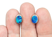 Load image into Gallery viewer, Australian Opal Studs, October Birthstone, Sterling Silver, Blue Green Opal Doublets, Love and Passion Stone, Genuine Gemstones - GemzAustralia 