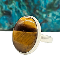 Load image into Gallery viewer, Tiger's Eye Ring, Size 9, Sterling Silver, Oval Shaped, Kundalini Awakening, Courage Gemstone, Protection Amulet, Leo Zodiac - GemzAustralia 