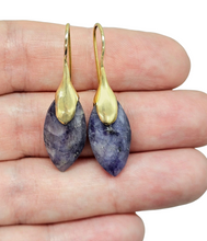 Load image into Gallery viewer, Blue Sapphire Earrings, Gold Plated Sterling Silver, September Birthstone, Marquise Checkerboard Faceted, Wisdom Stone - GemzAustralia 
