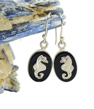 Load image into Gallery viewer, Black Onyx Seahorse Earrings, Sterling Silver, Leo / Capricorn Zodiac Gemstone, Gives Strength - GemzAustralia 