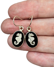 Load image into Gallery viewer, Black Onyx Seahorse Earrings, Sterling Silver, Leo / Capricorn Zodiac Gemstone, Gives Strength - GemzAustralia 