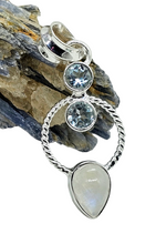 Load image into Gallery viewer, Rainbow Moonstone &amp; Blue Topaz Pendant, Sterling Silver, June and December Birthstones, Ethereal Blue Fire - GemzAustralia 